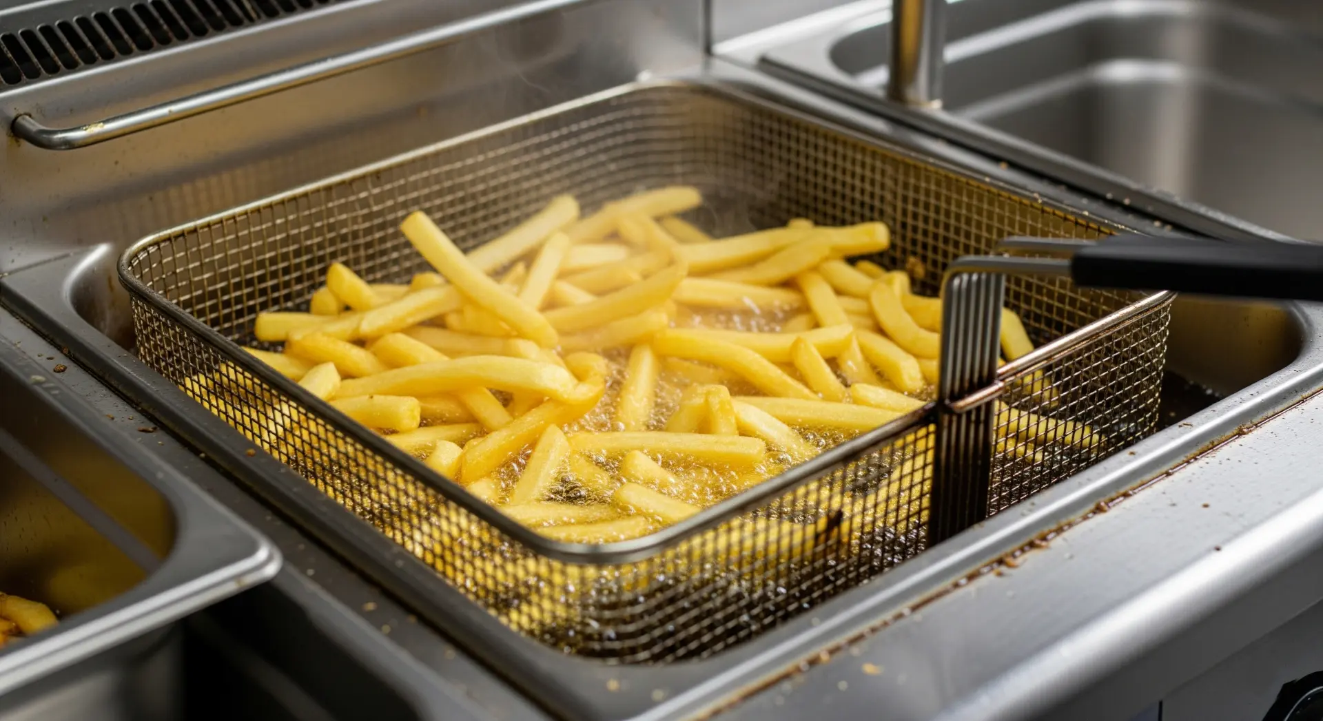 Close up french fries in professional kitchen