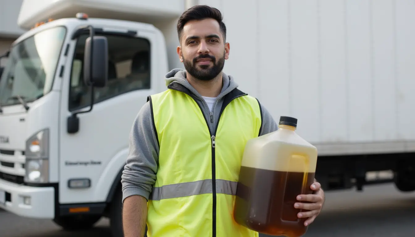 Dubai used oil recycling employee holding can