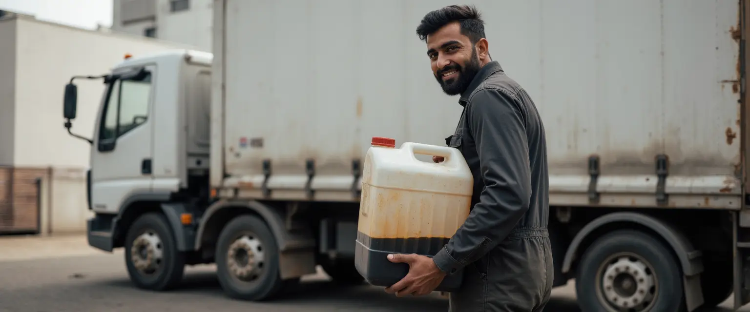 Uae waste oil recycling worker handling container