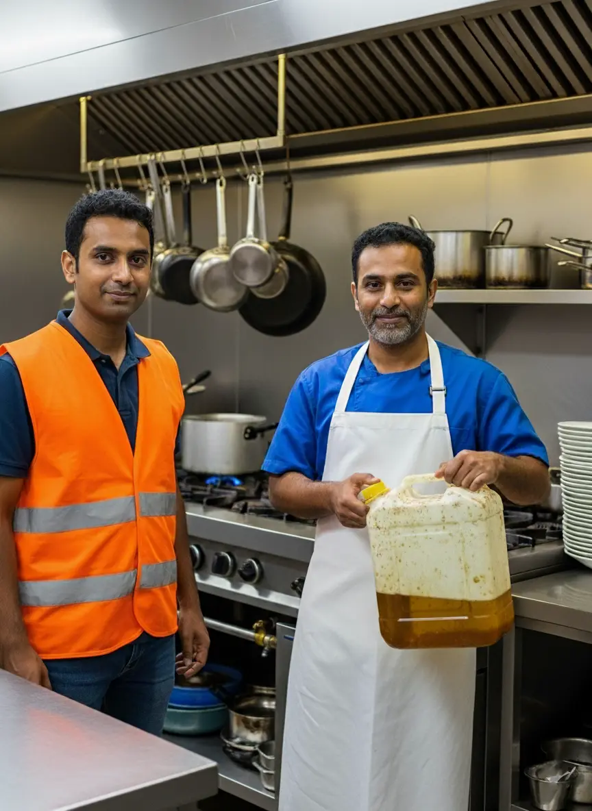 Restaurant kitchen in the uae hading over used cooking oil