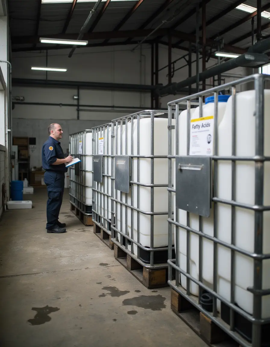 Worker inspecting fatty acid ibc tanks